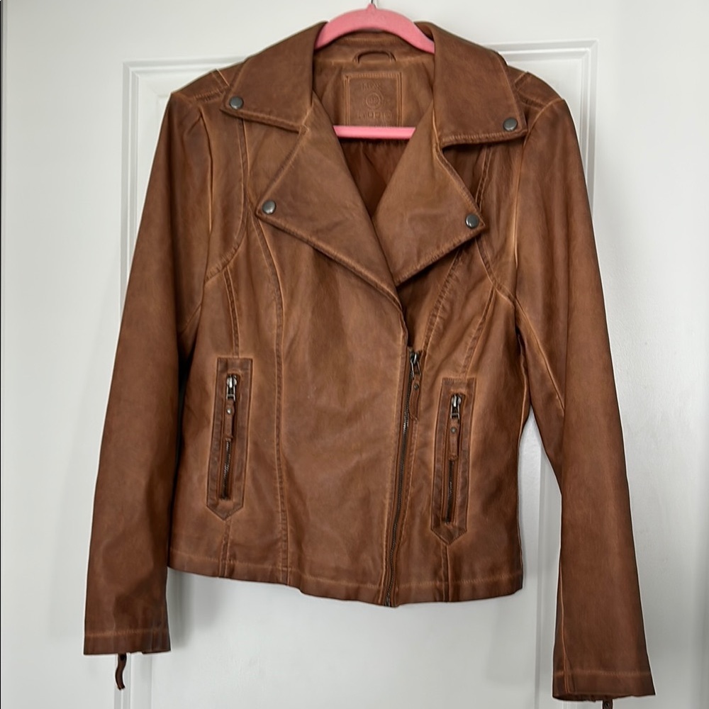 Max Studio Brown Leather Jacket Asymmetrical Zipper
